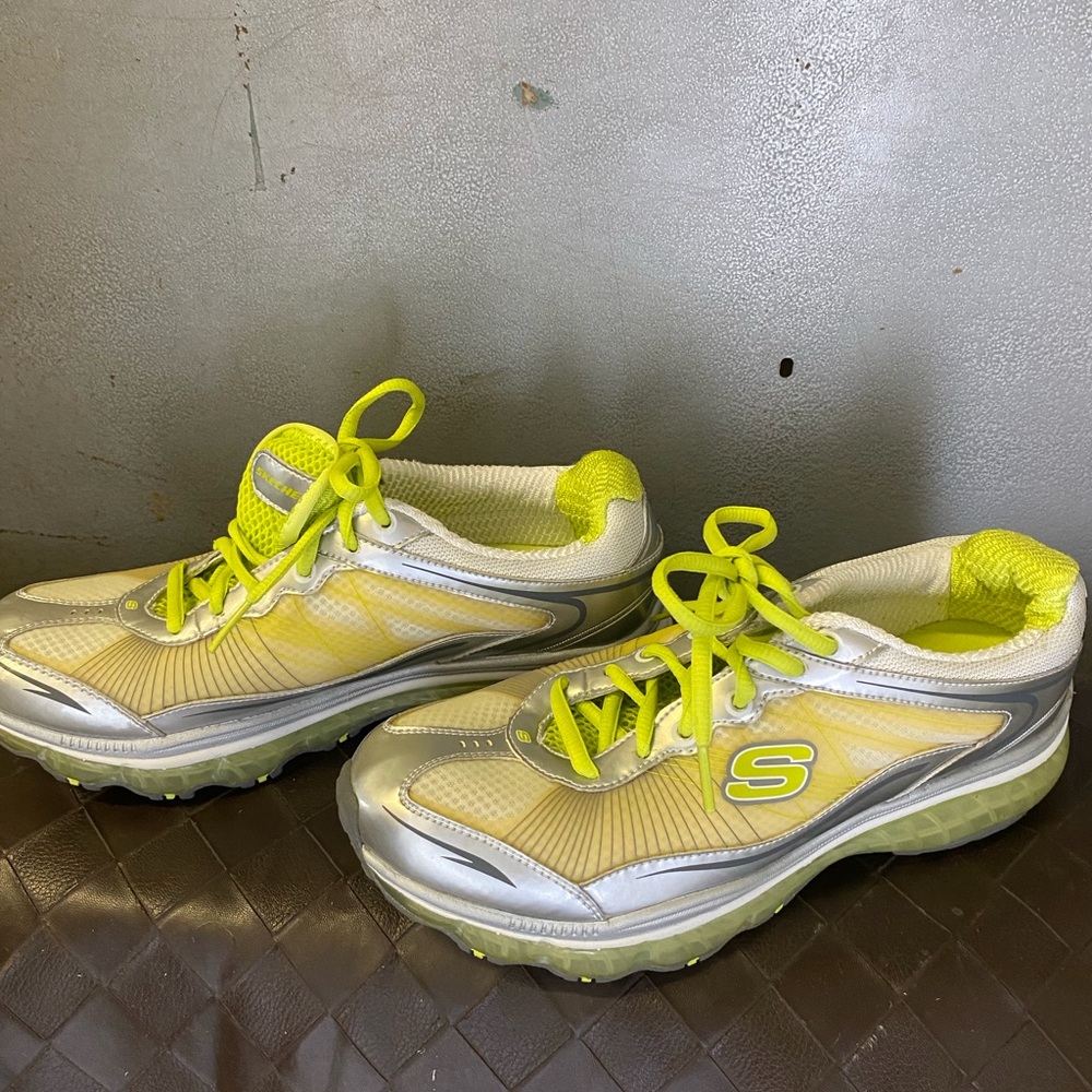 Skechers Women's Neon Yellow Silver White Lace-Up Sneakers